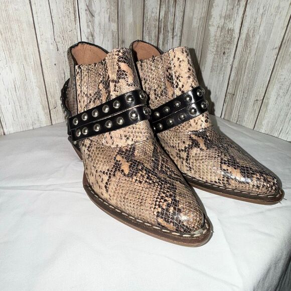 Green & Black Snakeskin Studded Harness Ankle Boots | Western Boho Rocker Bootie - Picture 2 of 13